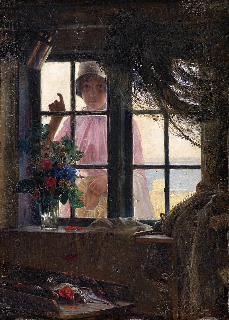 Una giovane ragazza che bussa alla finestra del pescatore, 1884 - Statens Museum for Kunst